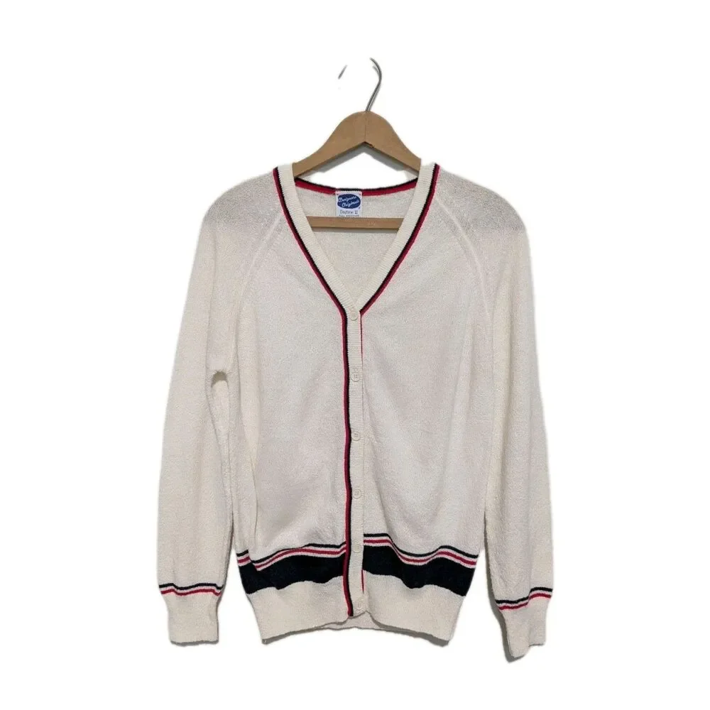 Vintage 70s Designer's Originals Acrylic Cream Cardigan Red Blue Striped S B 38